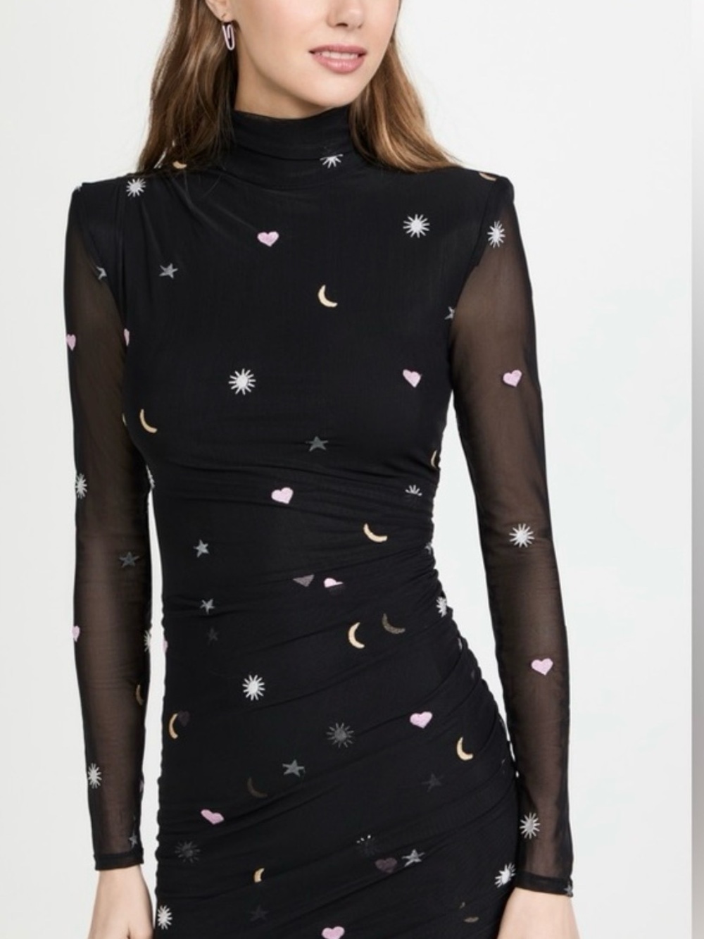 cinq a sept Black Sheer Long-Sleeve Turtleneck Dress with Pink and Gold Motifs